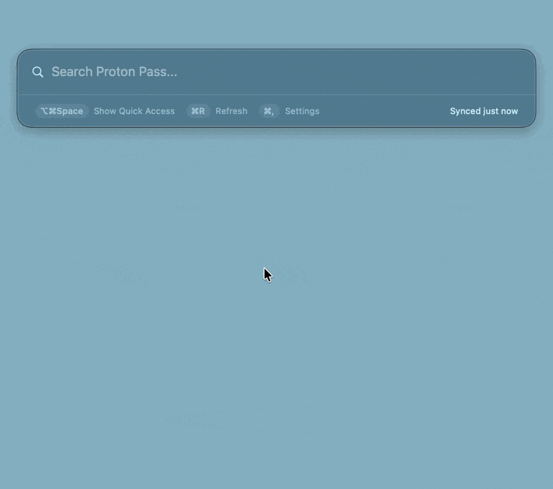 Quick Access for Pass opening from a global hotkey, searching Proton Pass items, and copying a secret